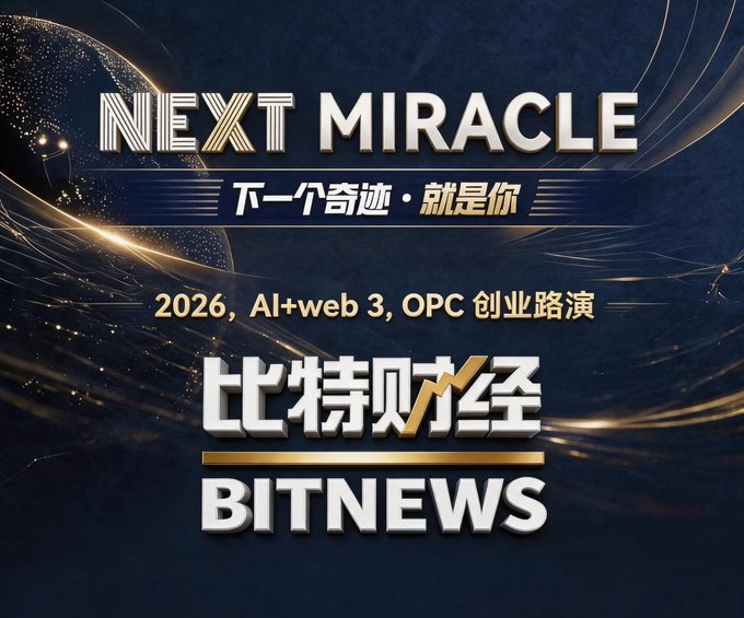 A promotional image for the "NEXT MIRACLE" (下一个奇迹·就是你) event features a cosmic blue and gold design with text announcing "2026, AI+web 3, OPC 创业路演" (AI+web 3, OPC Entrepreneurship Roadshow), sponsored by 比特财经 BITNEWS. The graphic visually reinforces the post's announcement of Bit Finance's online X Space roadshows, where entrepreneurs can pitch projects and connect with investors in the AI and web 3 space.