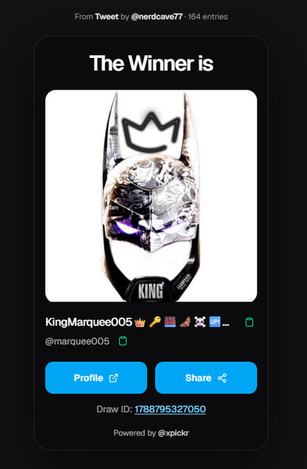 A Twitter giveaway winner announcement from @nerdcave77 with 164 entries, showing the winning entry by KingMarquee005 (@marquee005) featuring a crowned chrome helmet with "KING" text. The Draw ID is 1788795327050 and the contest is powered by @xpickr.