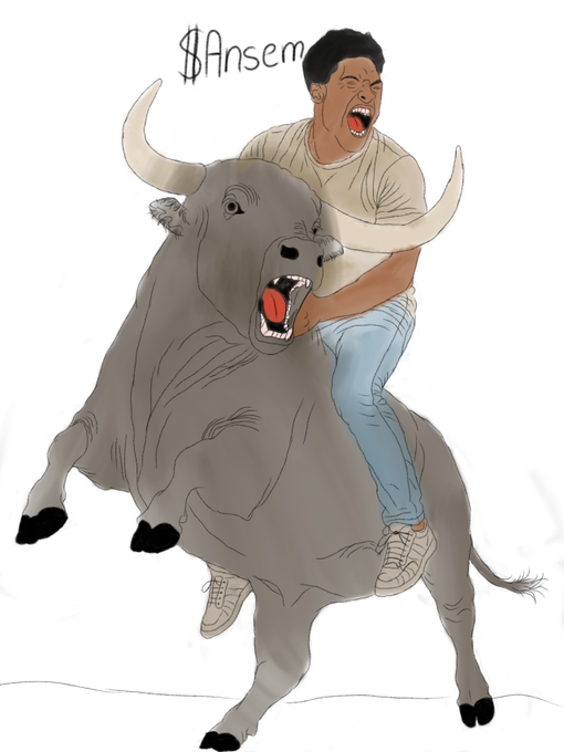 A cartoon drawing labeled '$Ansem' depicting a man screaming while riding a charging bull.