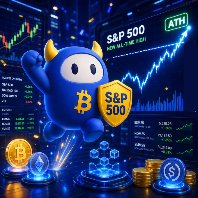 A blue Bitcoin-themed mascot wearing an "S&P 500" shield soars above trading dashboards showing the S&P 500 reaching a new all-time high (ATH) at 5,525.25 (+1.26%), alongside rising Nasdaq, Dow, and crypto data. The image visually reinforces the post's message of celebrating the SPX's ATH milestone on BTCC's TradFi platform.