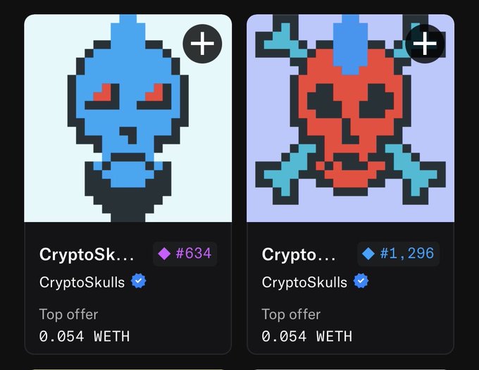 Two CryptoSkulls NFTs displayed on a marketplace, with token IDs #634 and #1,296, each priced at 0.054 WETH as the top offer. The pixel-art skulls—one blue with red eyes and one red with teal accents—match the collector's casual NFT purchase.