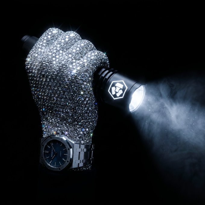 The image features a hand wearing a silver watch with a diamond-encrusted glove, which appears to be made of real diamonds. The watch face has a blue background that contrasts with the black background where the image is taken. The diamond-encrusted glove and watch suggest that the person holding them might have valuable items or are in a situation where they need to protect their belongings from potential thieves.

The post reads "Diamond hands reveal what's worth holding", which could be interpreted as an artistic statement about the importance of valuables, or it may simply be a random phrase included for fun or emphasis.