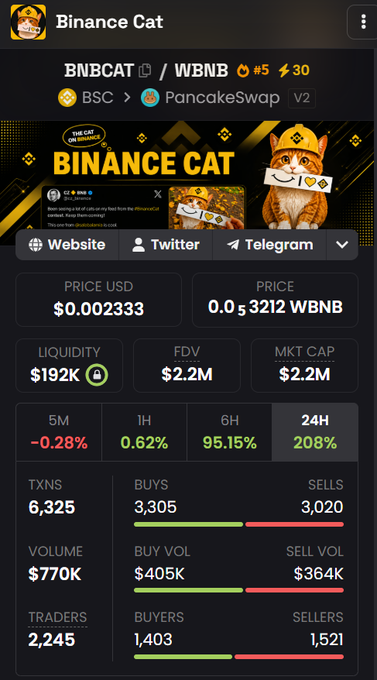 A DEXTools screenshot shows Binance Cat (BNBCAT) token statistics with a price of $0.002333 and 208% 24H gain.
