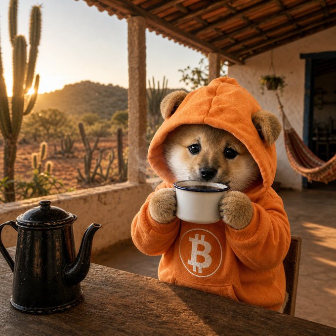 A Shiba Inu dog wearing an orange Bitcoin-logo hoodie holds a steaming cup of coffee, sitting at a wooden table next to a black coffee pot in a desert setting with cacti.