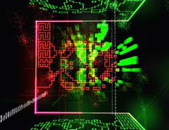A dark, glitchy digital artwork with bright green circuit-like patterns and a central red neon frame.