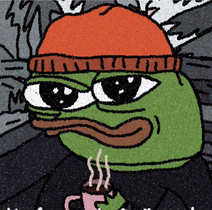 A stylized cartoon drawing of a green-skinned character (Pepe) wearing an orange beanie and dark jacket, smoking a cigarette.