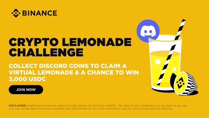 A Binance promotional banner for the 'CRYPTO LEMONADE CHALLENGE' on a yellow background, offering a chance to win 3,000 USDC by collecting Discord coins, featuring a glass of lemonade with a Discord logo.