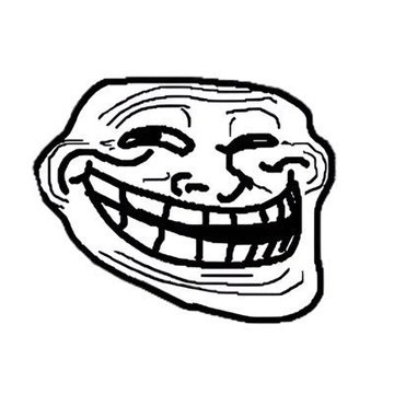 A black and white line drawing of the classic troll face meme with a wide toothy grin.