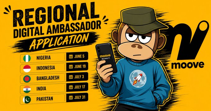 The image features a cartoon monkey holding up a cell phone with an application logo displayed on its screen. The text "Regional Digital Ambassador Application" is written above the monkey's head, indicating that this is an advertisement for a digital application designed for regional communities. The image also includes various country flags and months of the year to represent different regions participating in the app development process.