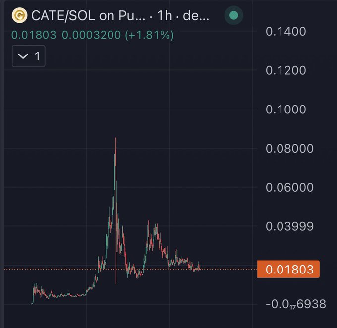 A candlestick chart of CATE/SOL on a DEX shows a massive spike to ~0.08 followed by a steep crash, with the token now sitting at 0.01803 (+1.81%), visually capturing the volatile "took my shot" pump-and-dump pattern referenced in the post about $CATE's delusional bagholder community.