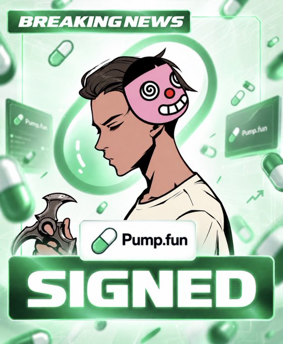 A graphic announcing 'BREAKING NEWS' and 'Pump.fun SIGNED' featuring a cartoon figure wearing a pink spiral-eyed mask holding a spiked weapon, surrounded by floating pills.