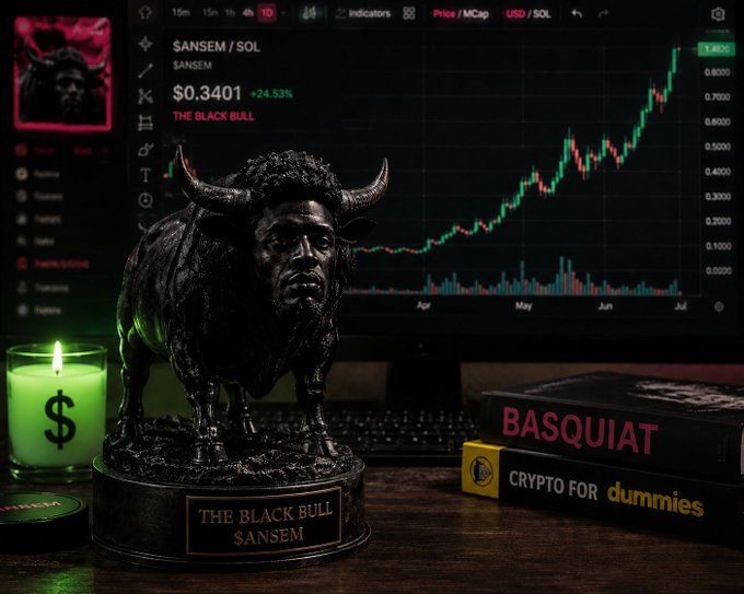 A black bull statue labeled "THE BLACK BULL SANSEM" sits on a desk in front of a monitor displaying the SANSEM/SOL chart at $0.3401 (+24.53%), with a dollar-sign candle and books titled "BASQUIAT" and "CRYPTO for dummies" nearby.