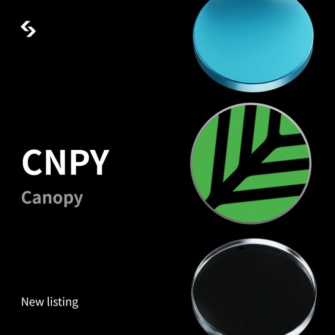 A promotional graphic announcing 'CNPY' (Canopy) as a 'New listing' with three circular icons in blue, green, and black.