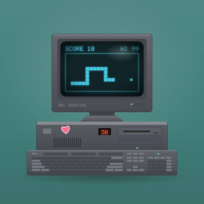 A retro-style illustration of a computer terminal labeled 'ARC TERMINAL' displaying a Tetris-like game with a score of 18.
