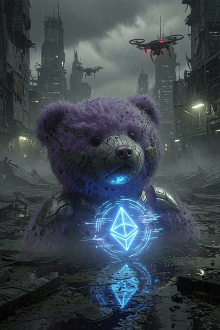 A cyberpunk teddy bear with cybernetic enhancements projects the Ethereum (ETH) logo in a rainy post-apocalyptic cityscape, symbolizing resilience and technological innovation during a period of extreme undervaluation as the cryptocurrency touches a historically significant bottom regression band.