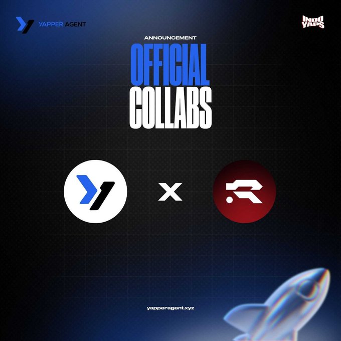 A dark blue announcement graphic with a rocket illustration reads "OFFICIAL COLLABS" between the Yapper Agent logo and a red Project R3D logo, promoting a giveaway of 30 GTD + 55 FCFS via tasks on yapperagent.xyz.