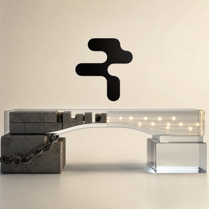 A conceptual 3D image showing a glass-like structure with a glowing section rising from a chained stone block, with a black abstract logo floating above it.