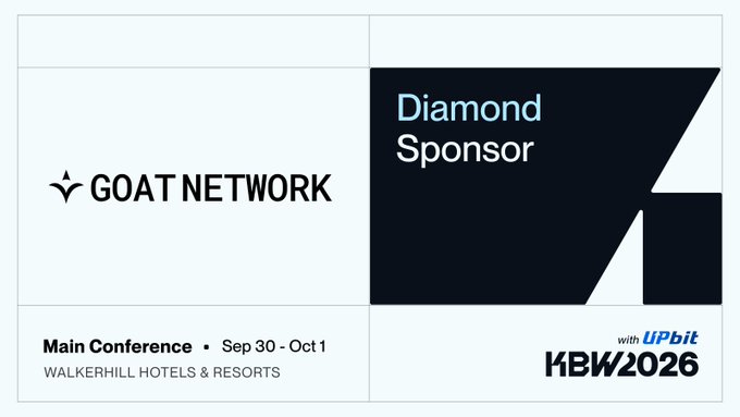 A sponsor card showing GOAT NETWORK as a Diamond Sponsor for the KBW2026 Main Conference with UPbit, held Sep 30 - Oct 1 at Walkerhill Hotels & Resorts.