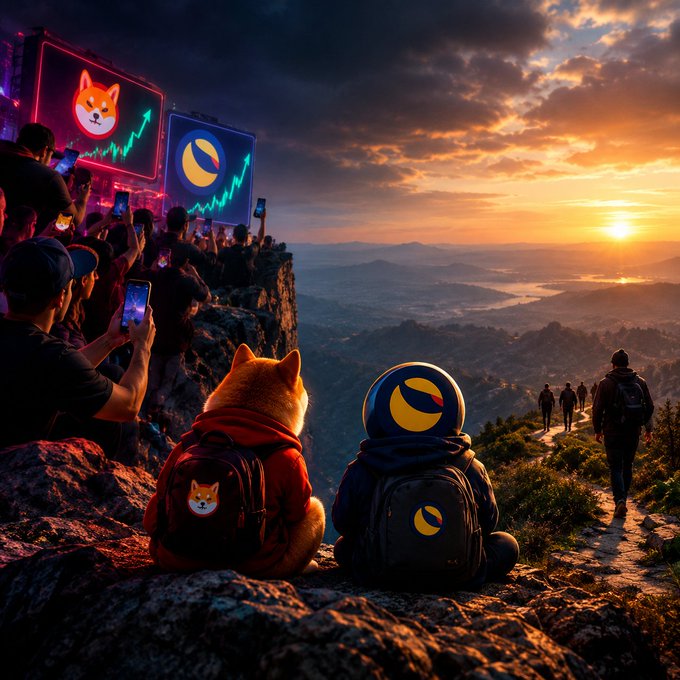 Digital artwork of Shiba Inu and LUNC (Terra) mascots sitting on a cliff edge watching screens displaying their respective logos with rising charts, while other hikers walk along a mountain trail at sunset.