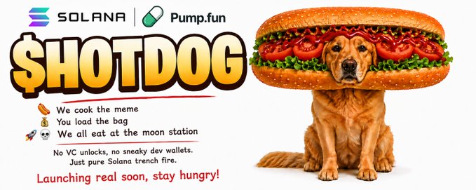 A promotional graphic for Solana and Pump.fun's '$HOTDOG' featuring a golden retriever with a hot dog for a body, with text including 'We cook the meme / You load the bag / We all eat at the moon station' and 'Launching real soon, stay hungry!'