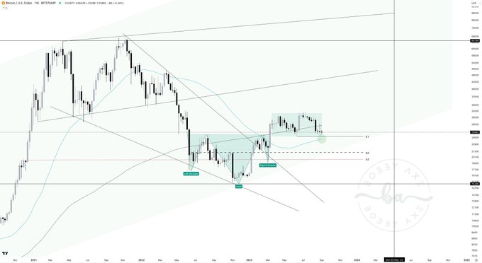A candlestick chart of Bitcoin/U.S. Dollar (BITSTAMP) on a weekly timeframe shows BTC's price ranging between approximately $15K and $48K, with trendlines and key levels marked around $25K and $30K, illustrating the historical bear market lows the post references.