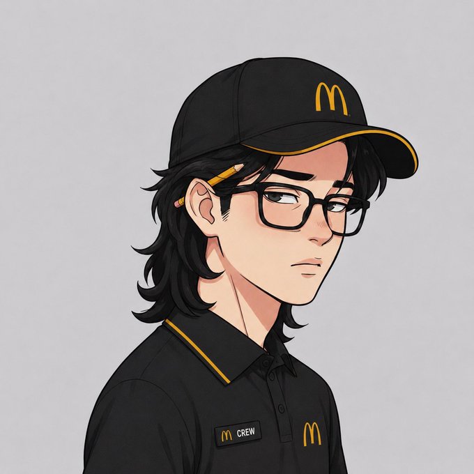 The image features a cartoon character wearing glasses, a black shirt with "Mcdonald's" written on it, and a McDonald's hat. The character appears to be a young man or woman who seems to be looking sad or thoughtful. The caption of the image reads "good morning frens Stack $RIVER points and get bizzy - this week will be productive for all".