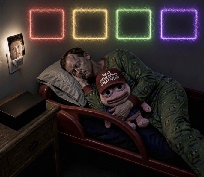 A dark, surreal bedroom scene where a man in camouflage pajamas sleeps holding a pink puppet labeled 'MAKE MEMECOINS GREAT AGAIN,' with colorful neon square frames on the wall and a small TV showing a face.