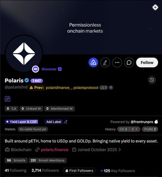A social media profile page for "Polaris" (@polarisrchd) on what appears to be a Web3 platform, with the bio describing it as "Built around pETH, home to USDp and GOLDp. Bringing native yield to every asset." and noting it was founded by @fronttrunpro and joined October 2025.