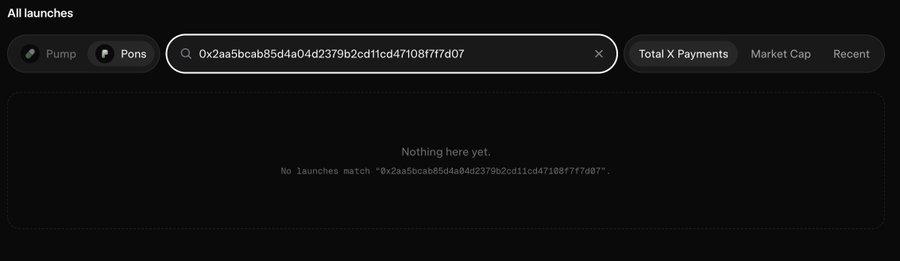 A dark-themed web interface titled 'All launches' showing a search for the address '0x2aa5bcab85d4a04d2379b2cdf1cd47108f7f7d07' with a message stating 'Nothing here yet' and 'No launches match' the address.