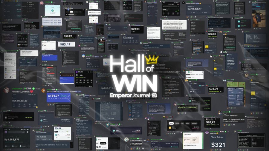 A dark “Hall of Win” collage for the Emperor Journal (EJ) is packed with trading screenshots, alerts, dashboards, and crypto/on-chain monitoring windows. Visible profit figures include $184.97, $214.03, $63.47, $51.49, and $93.42, while the post explains that EJ is adapting to a new crypto meta using early RESET/TNK, RELIC, and Binance agent opportunities.