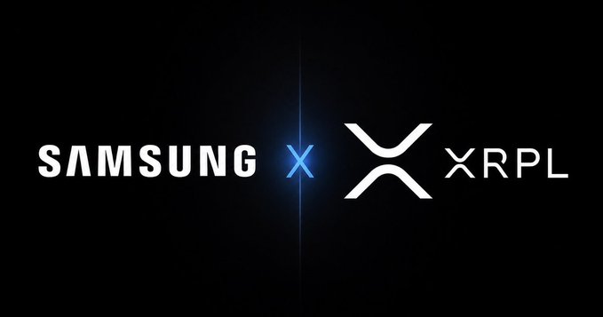 The image features two logos side by side against a black background. The first logo is for Samsung, which displays their name in white letters with blue accents. The second logo is for XRPL (XRP), also written in white letters with blue accents. Both logos are positioned at the top of the image and share the same color scheme.

The post suggests that there might be speculation about a potential alignment between Samsung's Galaxy ecosystem and XRPL, which could potentially lead to a settlement or integration of XRPL into their blockchain system. This idea is supported by the fact that millions of Galaxy devices are already in play, indicating widespread adoption and interest in XRPL technology.