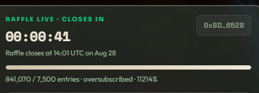 A raffle status bar showing 'RAFFLE LIVE' with 00:00:41 remaining and '841,070 / 7,500 entries - oversubscribed - 11214%'.
