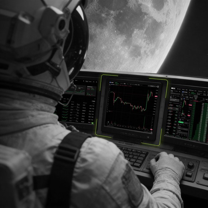 An astronaut in a helmet monitors red and green candlestick charts on a glowing cockpit console while a large moon looms in the background. The image plays on the "green charts" caption by replacing the green market indicators with red ones, while the lone "crew member" is hard at work rather than resting in this stylized space-finance scene.