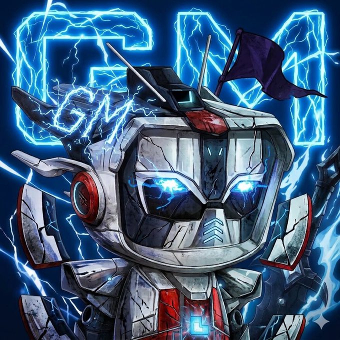 A stylized robot character with glowing blue eyes stands in front of neon blue lightning bolts.