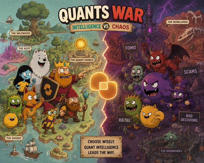 A vibrant split-world illustration titled "QUANTS WAR - INTELLIGENCE vs. CHAOS" depicts heroic characters like a crowned king, a wizard, and a white dog battling chaotic creatures labeled "FOMO," "RUG PULL," "SCAMS," and "BAD DECISIONS" across regions including "The Wildwood," "The Keep," "The Bonelands," and "The Ironworks," with the caption "CHOOSE WISELY. QUANT INTELLIGENCE LEADS THE WAY." The imagery visually reinforces the post's message that disciplined, intelligence-driven strategy triumphs over emotional, chaotic decision-making in crypto markets.