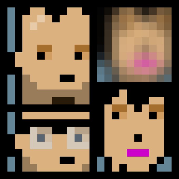 A pixel art sheet showing four variations of a tan-colored character face with different expressions, including one pixelated/blurred version and others with varying eye and mouth colors.