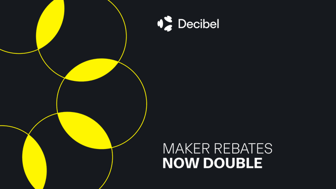 The Decibel logo is displayed alongside text announcing "MAKER REBATES NOW DOUBLE," visually reinforcing the message of increased rewards.
