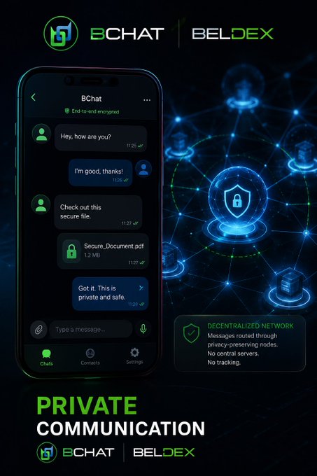 A promotional graphic for BChat and Beldex featuring a smartphone displaying a chat interface with end-to-end encrypted messages, set against a decentralized network background with the text "PRIVATE COMMUNICATION."