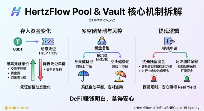 The image is an infographic explaining HertzFlow Pool & Vault's core mechanisms, showing how deposited USDT converts to dynamic certificates (HzLP/HzV), with 50/50 automatic allocation between long and short reserve pools to balance market volatility, and a withdrawal system that prioritizes funds fairly while ensuring users can earn Real Yield. The visual complements the post's explanation by breaking down the deposit → dynamic certificate → reserve pool allocation → withdrawal flow in simple terms, emphasizing the sophisticated risk management beyond typical staking mining.