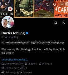 A Twitter/X profile for 'Curtis Jobling' (@curtisjobling) showing a bio referencing 'Wyndwood / Max Helsing / Raa Raa the Noisy Lion / Bob the Builder', with 632 followers and content tagged #curtisjohnstone.