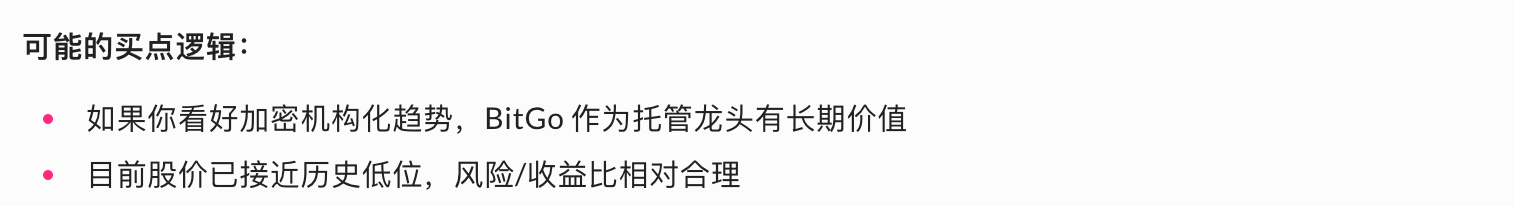 A Chinese text slide titled '可能的买点逻辑' (Possible buying logic) with two bullet points: one stating that if you're bullish on crypto institutionalization, BitGo as a custody leader has long-term value, and the other noting the stock price is near historical lows with a reasonable risk/return ratio.