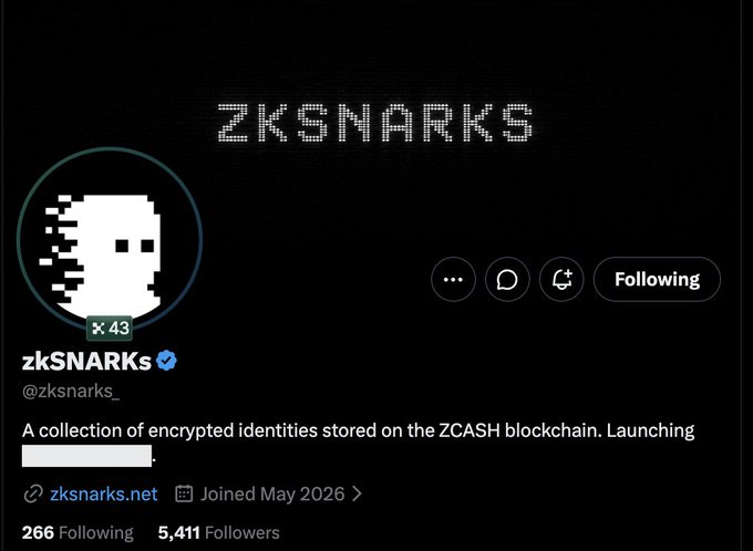 A Twitter/X profile for 'zkSNARKs' (@zksnarks_) with 5,411 followers, describing itself as 'A collection of encrypted identities stored on the ZCASH blockchain.'