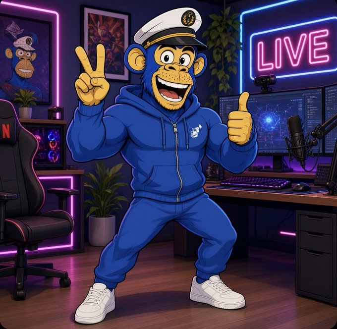 An animated character of a blue monkey in a hoodie and captain's hat gives a peace sign and thumbs up in a gaming setup with neon lighting and a "LIVE" sign.