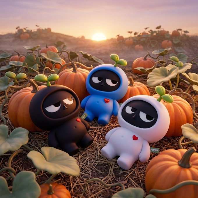 Three small, cute, bean-shaped figures (one black, one blue, one white) with green sprout-like tops sit in a pumpkin patch at sunset, each with a small red heart on their chest.