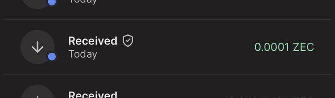 A dark-themed cryptocurrency wallet interface showing 'Received 0.0001 ZEC' transactions marked with verified checkmarks.