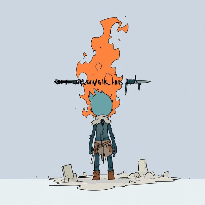 A stylized illustration of a blue-haired anime-style character standing with their back turned, looking at large orange flames that spell out 'FIREWORKS THIS', with a sword/rocket weapon horizontally positioned through the fire, set on cracked ground.