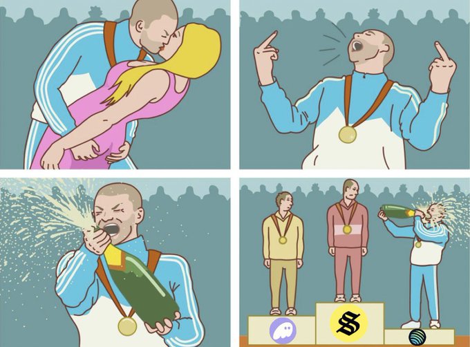 A four-panel cartoon showing an athlete celebrating an Olympic victory by hugging his wife, yelling, opening champagne, and then spraying the second-place winner, whose podium features crypto logos (Discord, Maker) instead of Olympic medals.