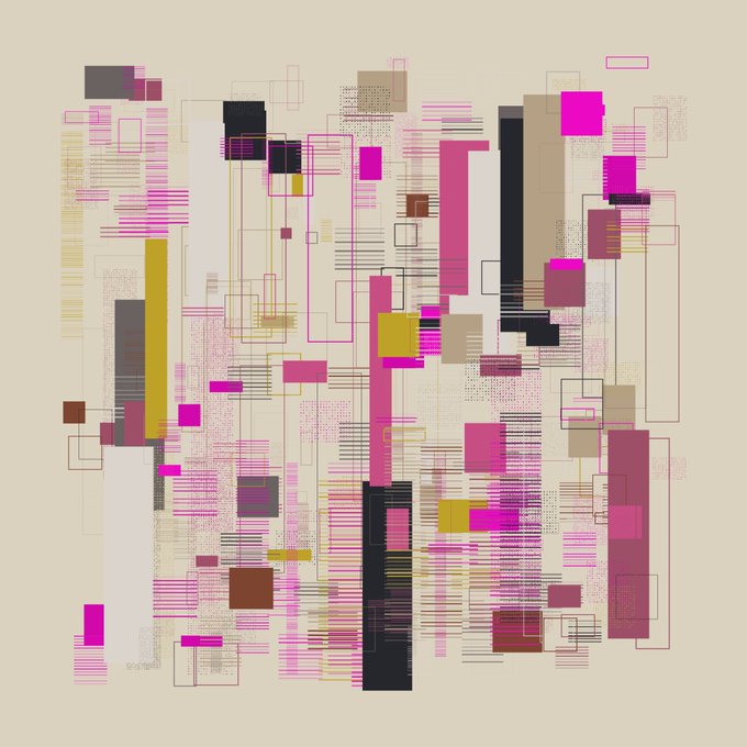 A chaotic abstract composition of overlapping pink, black, yellow, and beige rectangular shapes and lines that visually mirrors the frantic, overwhelming feeling of waking up and immediately checking a stock price—only to see a disappointing or chaotic result, captioned "wakes up, checks price, gud price." No text or numbers are visible in the image itself.