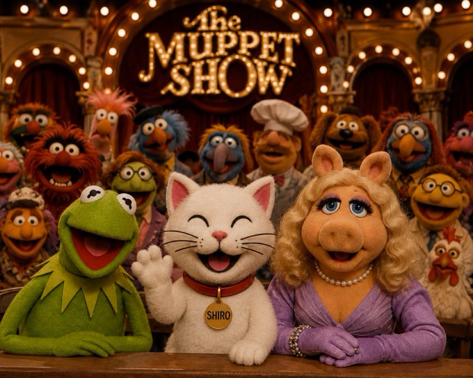 A white plush cat named "SHIRO" sits center stage alongside Kermit the Frog and Miss Piggy, with a crowd of Muppet characters gathered beneath a marquee reading "The MUPPET SHOW." The scene captures the charm of the iconic Muppet ensemble, framing SHIRO as a collectible plush fit to join the legendary cast.