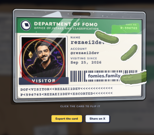 A digital visitor ID card from the 'Department of FOMO' for user 'rezaei2dev', featuring a profile photo and green pickle graphics.